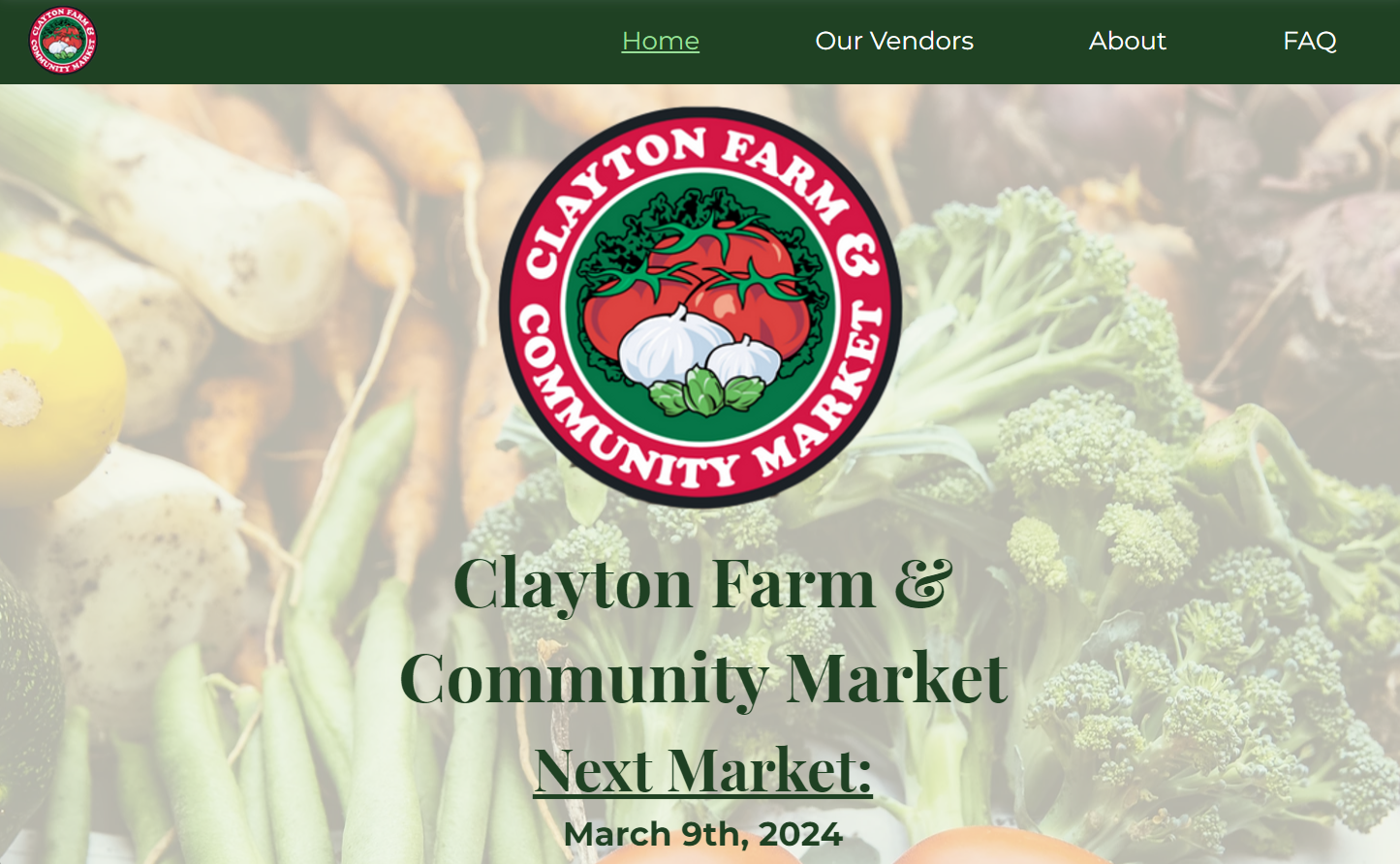 Clayton Farmers Market - Home Screen on Website 