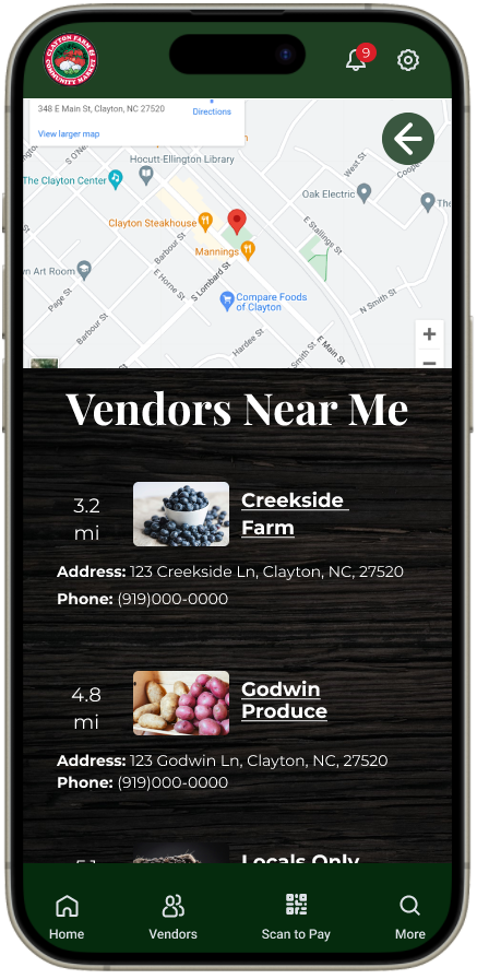 Clayton Farmers Market - Mobile Location Services Screen 