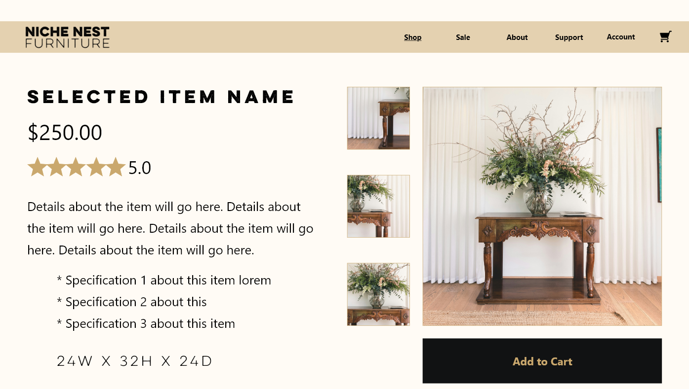 Niche Nest high fidelity website product screen 